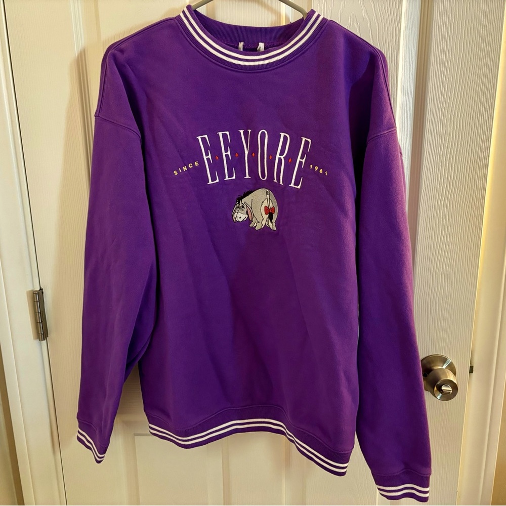 Disney’s Eeyore Crew Fleece, Medium, Purple, Long Sleeve Tee.